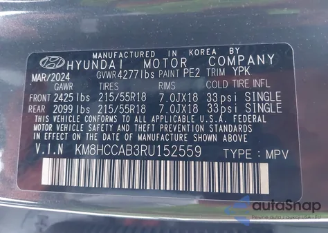 2024 Hyundai Kona Sel z USA, uszkodzony, nr VIN KM8HCCAB3RU152559